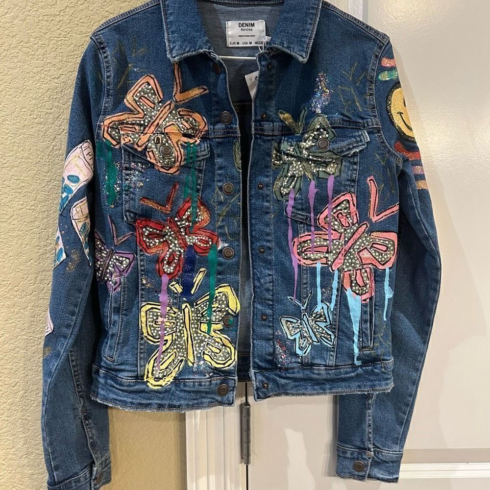 ‎Denim Bershka medium hand painted women’s jacket NWT